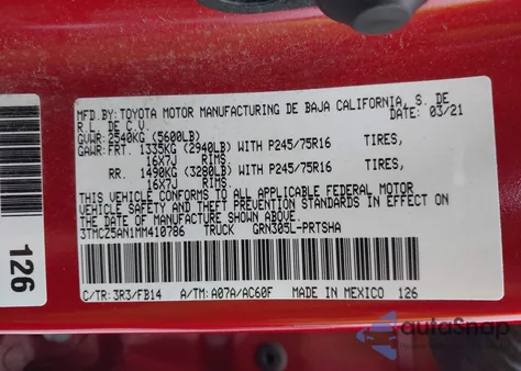 2021 Toyota Tacoma Sr V6 from USA, damaged, VIN 3TMCZ5AN1MM410786